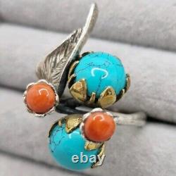 Old Navajo Ring in SOLID SILVER with TURQUOISE and CORAL, vintage jewelry