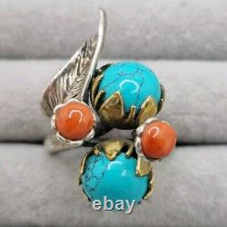 Old Navajo Ring in SOLID SILVER with TURQUOISE and CORAL, vintage jewelry