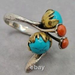 Old Navajo Ring in SOLID SILVER with TURQUOISE and CORAL, vintage jewelry