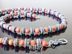 Old Necklace XIX Opulent Pearls Sterling Silver And Coral Beads 54 CM