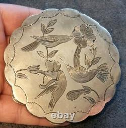 Old Powder Bowl In Solid Silver Engraved Pretty Decoration Of Birds And Flowers 103g