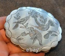 Old Powder Bowl In Solid Silver Engraved Pretty Decoration Of Birds And Flowers 103g