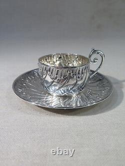 Old Pretty Small Solid Silver Mocha Coffee Cup with Louis XV Style Saucer