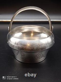 Old Russian XIX century solid silver pot, cup, bucket, saucer, bowl