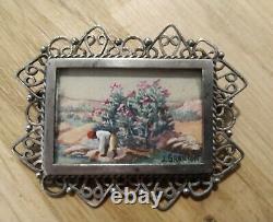Old Silver Brooch With Miniature Gouache Signed J Granjon Basque River