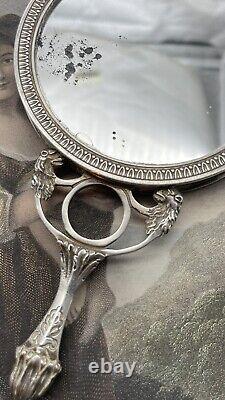 Old Silver Double-Sided Hand Mirror with Lion Head Handles