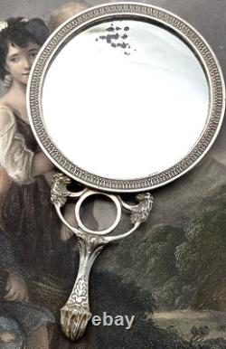Old Silver Double-Sided Hand Mirror with Lion Head Handles