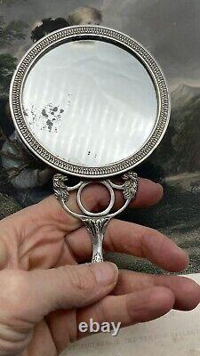 Old Silver Double-Sided Hand Mirror with Lion Head Handles