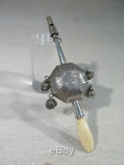 Old Silver Siflet Rattle Cisele With Bells Napoleon III Era