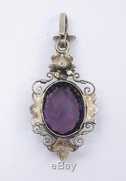 Old Solid Silver Pendant Half Pearls Violet Stone Amethyst Xixth