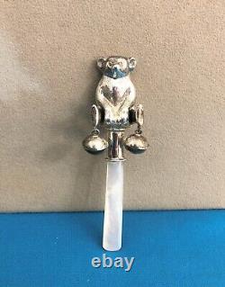 Old Solid Silver Rattle Punched And Mother-of-pearl Bear Bear Baby 925 Sterling