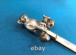 Old Solid Silver Rattle Punched And Mother-of-pearl Bear Bear Baby 925 Sterling