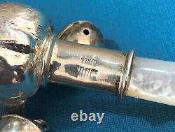 Old Solid Silver Rattle Punched And Mother-of-pearl Bear Bear Baby 925 Sterling