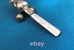 Old Solid Silver Rattle Punched And Mother-of-pearl Bear Bear Baby 925 Sterling