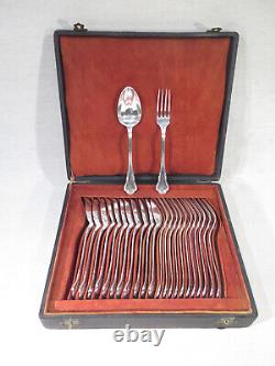 Old Suite Of 12 Cutlery A Entremets Dessert Silver Massif Nets Box