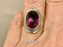 Old Unique Solid Silver Ring Intricately Crafted Genuine Mystic Topaz T55