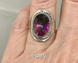 Old Unique Solid Silver Ring Intricately Crafted Genuine Mystic Topaz T55