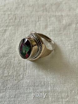 Old Unique Solid Silver Ring Intricately Crafted Genuine Mystic Topaz T55