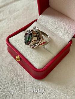 Old Unique Solid Silver Ring Intricately Crafted Genuine Mystic Topaz T55