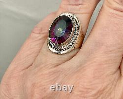 Old Unique Solid Silver Ring Intricately Crafted Genuine Mystic Topaz T55