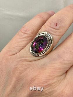 Old Unique Solid Silver Ring Intricately Crafted Genuine Mystic Topaz T55