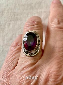 Old Unique Solid Silver Ring Intricately Crafted Genuine Mystic Topaz T55