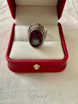 Old Unique Solid Silver Ring Intricately Crafted Genuine Mystic Topaz T55