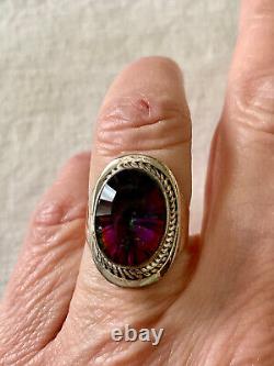 Old Unique Solid Silver Ring Intricately Crafted Genuine Mystic Topaz T55
