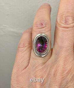 Old Unique Solid Silver Ring Intricately Crafted Genuine Mystic Topaz T55
