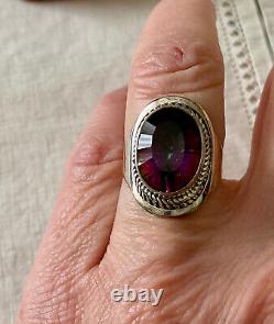 Old Unique Solid Silver Ring Intricately Crafted Genuine Mystic Topaz T55