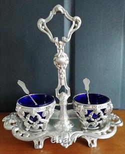 Old double salt cellar, solid silver Minerva, blue glass dishes