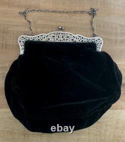 Old large purse, solid silver and velvet drawstring bag