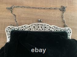 Old large purse, solid silver and velvet drawstring bag
