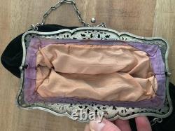 Old large purse, solid silver and velvet drawstring bag