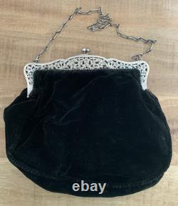 Old large purse, solid silver and velvet drawstring bag