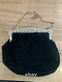 Old large purse, solid silver and velvet drawstring bag