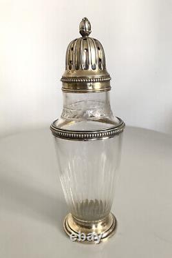 Old large solid silver and cut crystal powder dispenser 19th century