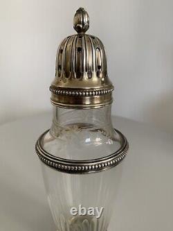 Old large solid silver and cut crystal powder dispenser 19th century