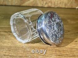 Old makeup pot, crystal and solid silver, Minerve hallmarks, monogram, 19th century