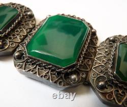 Old solid silver bracelet with green stone, silver bracelet, 94 g
