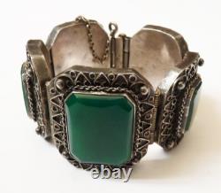 Old solid silver bracelet with green stone, silver bracelet, 94 g