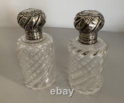 Pair Of Old Bottles Of Silver Solid Perfume Minerva Bamboo Crystal Baccarat