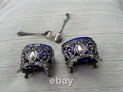 Pair Salt-old Salerons + 2 Spoons Sterling Silver Minerve-nineteenth-silver