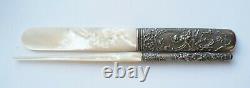 Paper Cutter + Solid Silver Feather Holder + Mother-of-pearl Antique Angel Silver Pen Dip