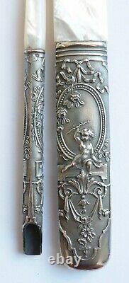 Paper Cutter + Solid Silver Feather Holder + Mother-of-pearl Antique Angel Silver Pen Dip