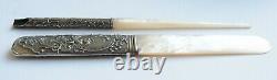 Paper Cutter + Solid Silver Feather Holder + Mother-of-pearl Antique Angel Silver Pen Dip