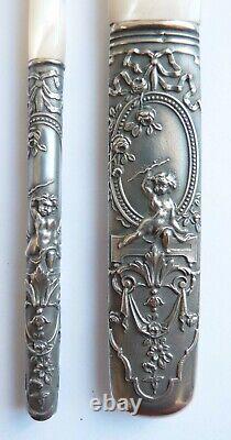 Paper knife + solid silver pen holder + antique mother-of-pearl angel
