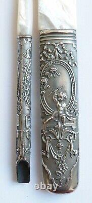 Paper knife + solid silver pen holder + antique mother-of-pearl angel