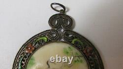 Pendant Ancient Heron And Bird Os Grave Painted Silver Massif Watermark Emaille