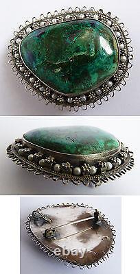 Pendant Brooch Solid Silver + Malachite Chrisocolle Pearl Jewel Old Silver